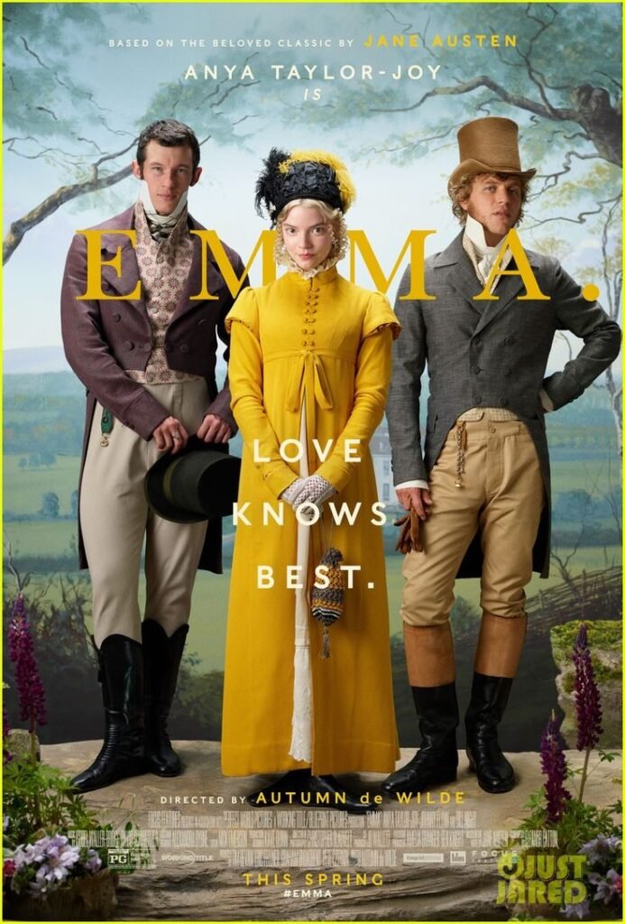 Anya Taylor Joy, Johnny Flynn y Callum Turner para el poster oficial de la pelicula Emma basada en el libro de Jane Austen
